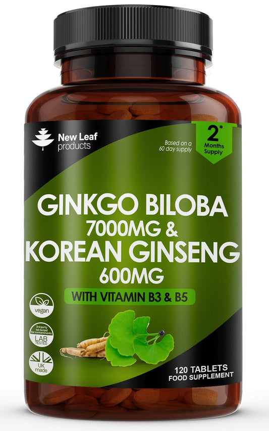 Ginkgo Biloba and Korean Ginseng Tablets - 7000mg Ginkgo Biloba Herbal Supplements & 600mg Panax Ginseng High Strength Ginseng Extract - Enriched with Vitamin B3 & B5-120 Vegan Tablets