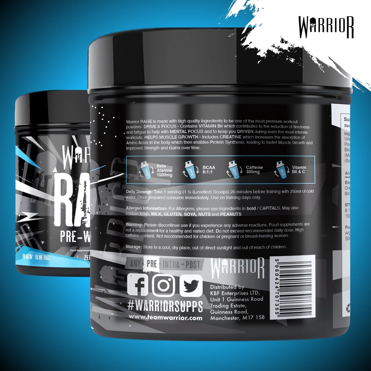 Warrior Rage - Pre-workout Powder - 392g - Energy Drink Supplement with Vitamin C, Beta Alanine and Creatine Gluconate - 45 Servings (Blazin' Blue Raz)