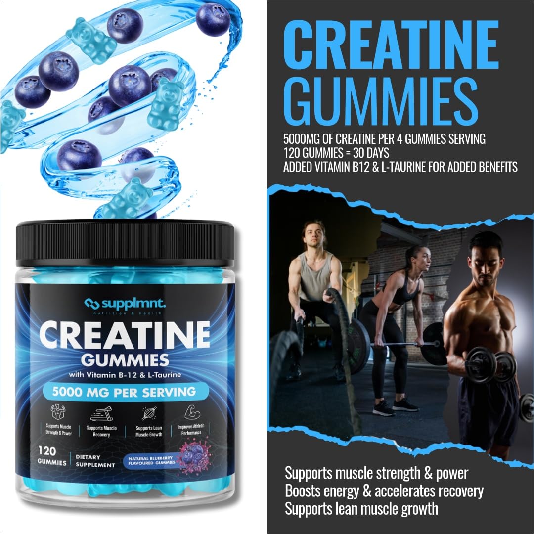 Creatine 120 Gummies Max 5000mg for Men & Women Creatine Monohydrate Plus B12 and L-Taurine Chewable Gummies, Blueberry Flavour 1 Month Supply (1 Count (Pack of 120), Blueberry)