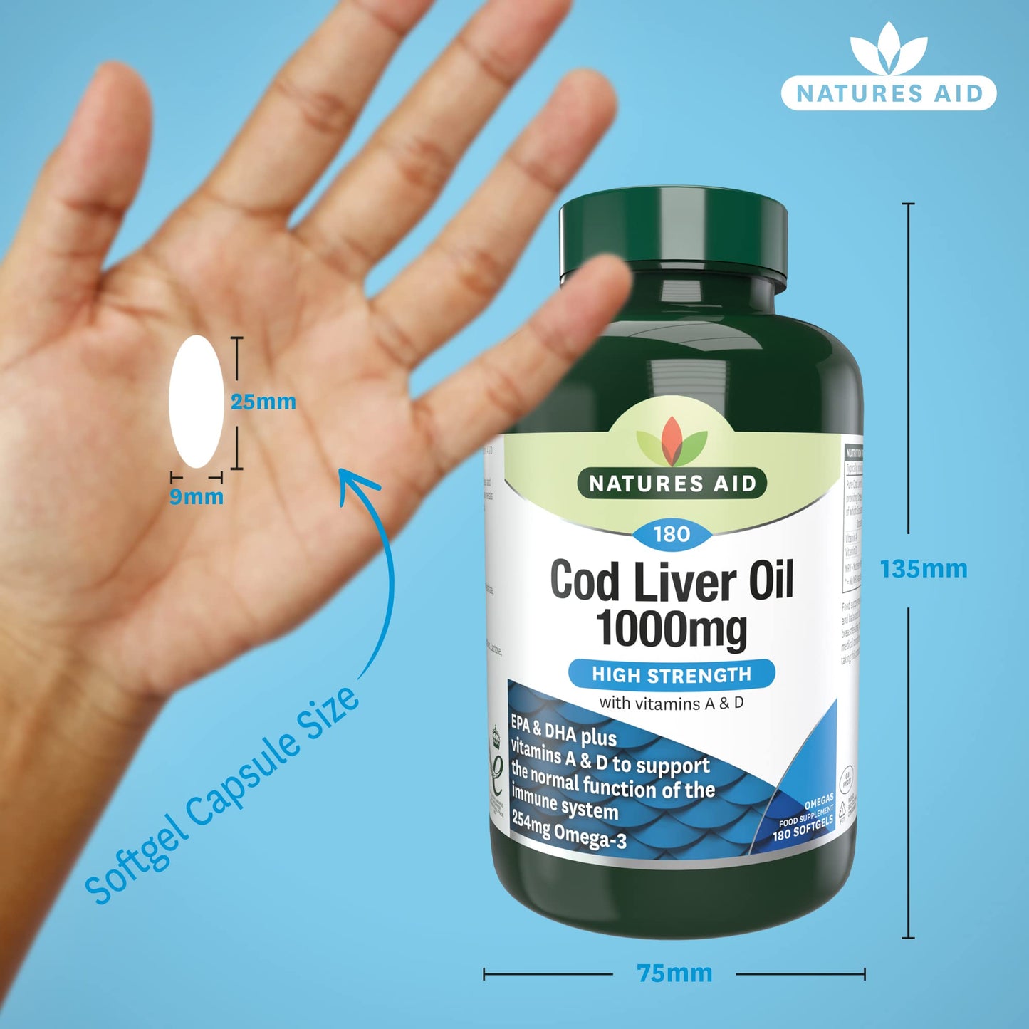 Natures Aid Cod Liver Oil, 1000 mg, 180 Softgel Capsules (High Strength, 254 mg Omega-3 with Vitamins A and D for Normal Function of the Immune System, Made in the UK)