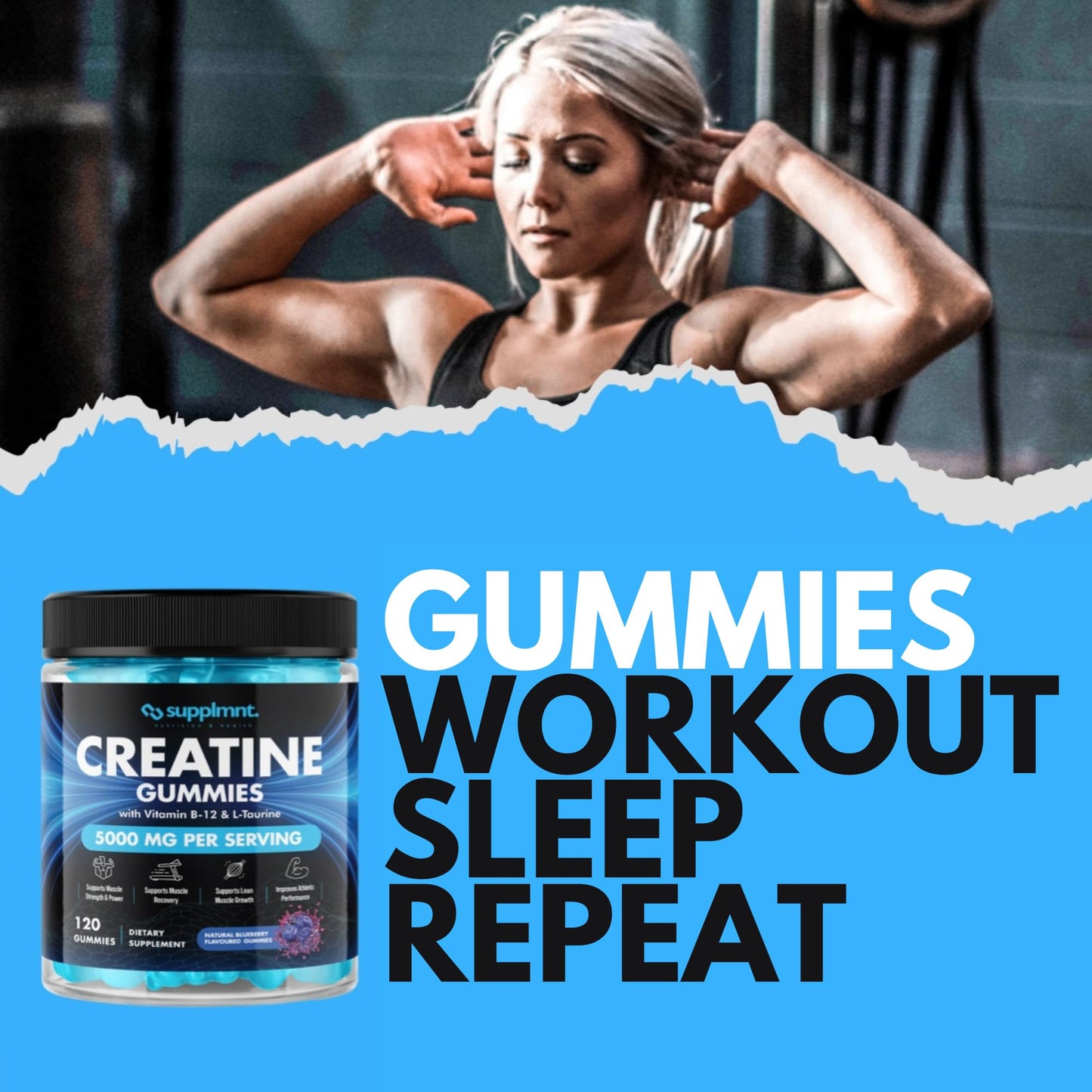 Creatine 120 Gummies Max 5000mg for Men & Women Creatine Monohydrate Plus B12 and L-Taurine Chewable Gummies, Blueberry Flavour 1 Month Supply (1 Count (Pack of 120), Blueberry)