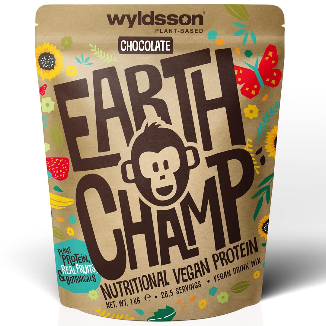 Vegan Protein Powder (1kg) - 28 Servings - EarthChamp by Wyldsson - Plant Based Chocolate Protein Powder Shake, Dairy Free, Gluten Free, Lactose Free Protien Powder (Choc)