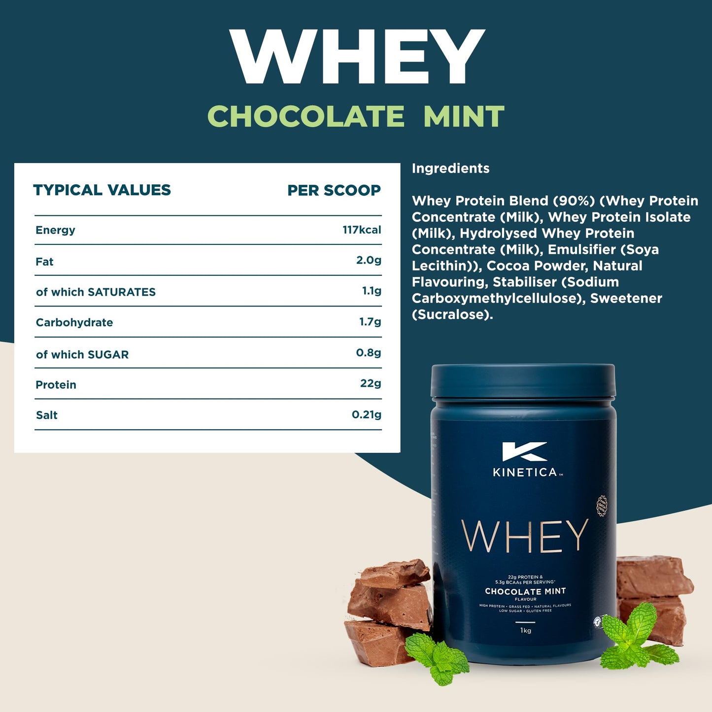 Kinetica Chocolate Whey Protein Powder | 2.27kg | 22g Protein per Serving | 75 Servings | Sourced from EU Grass-Fed Cows | Superior Mixability & Taste