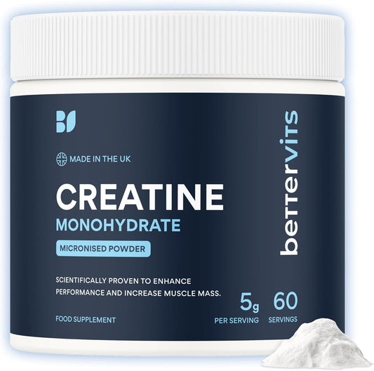 Bettervits Creatine Monohydrate Powder | Ideal for Muscle Growth & Recovery - Unflavoured Creatine 5g | 100% Pure Micronised Creatine Powder | Supports Strength & Performance | 60 Servings