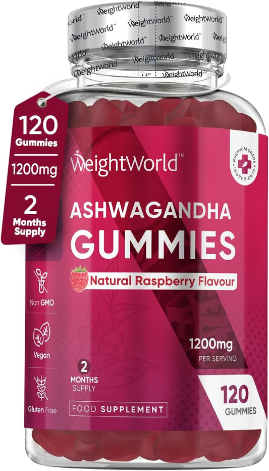 Ashwagandha Gummies 1200mg | 120 Gummies - 2 Months Supply, Raspberry Flavour, Ashwagandha High Strength Root Extract Supplement, Bioavailable, Alternative to Ashwagandha Powder, Vegan & Gluten-Free