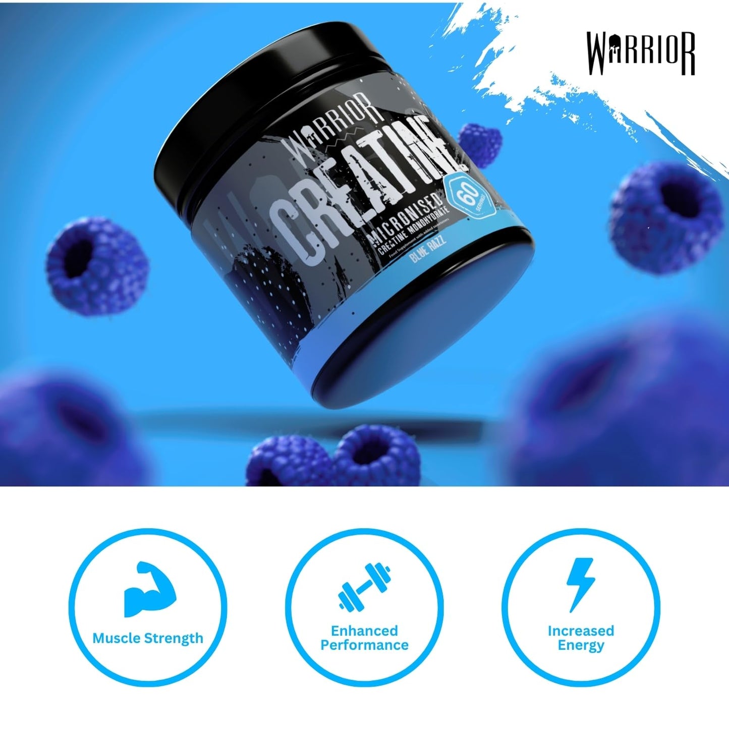 Warrior Creatine Monohydrate Powder 300g – Micronised – Proven to Improve Physical Performance and Recovery, 5g Servings (Unflavoured), 1 pack