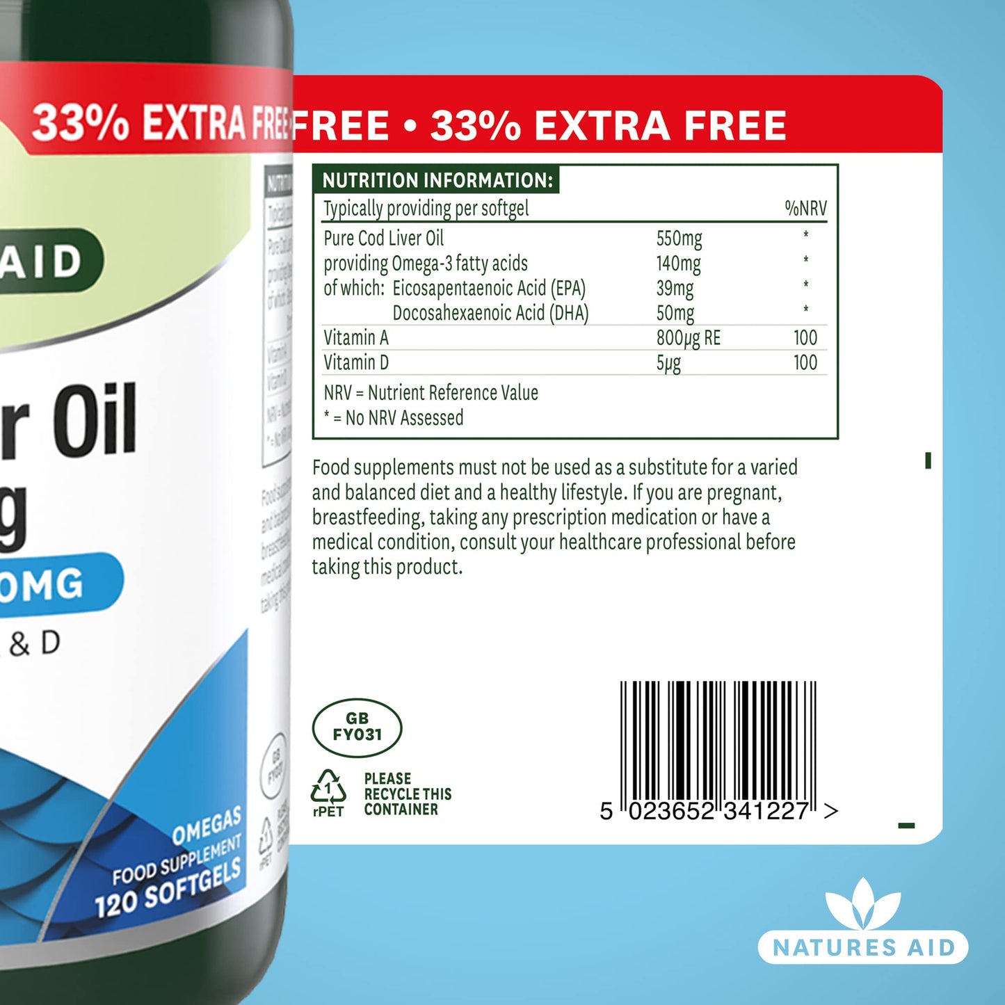 Natures Aid Cod Liver Oil, 1000 mg, 180 Softgel Capsules (High Strength, 254 mg Omega-3 with Vitamins A and D for Normal Function of the Immune System, Made in the UK)