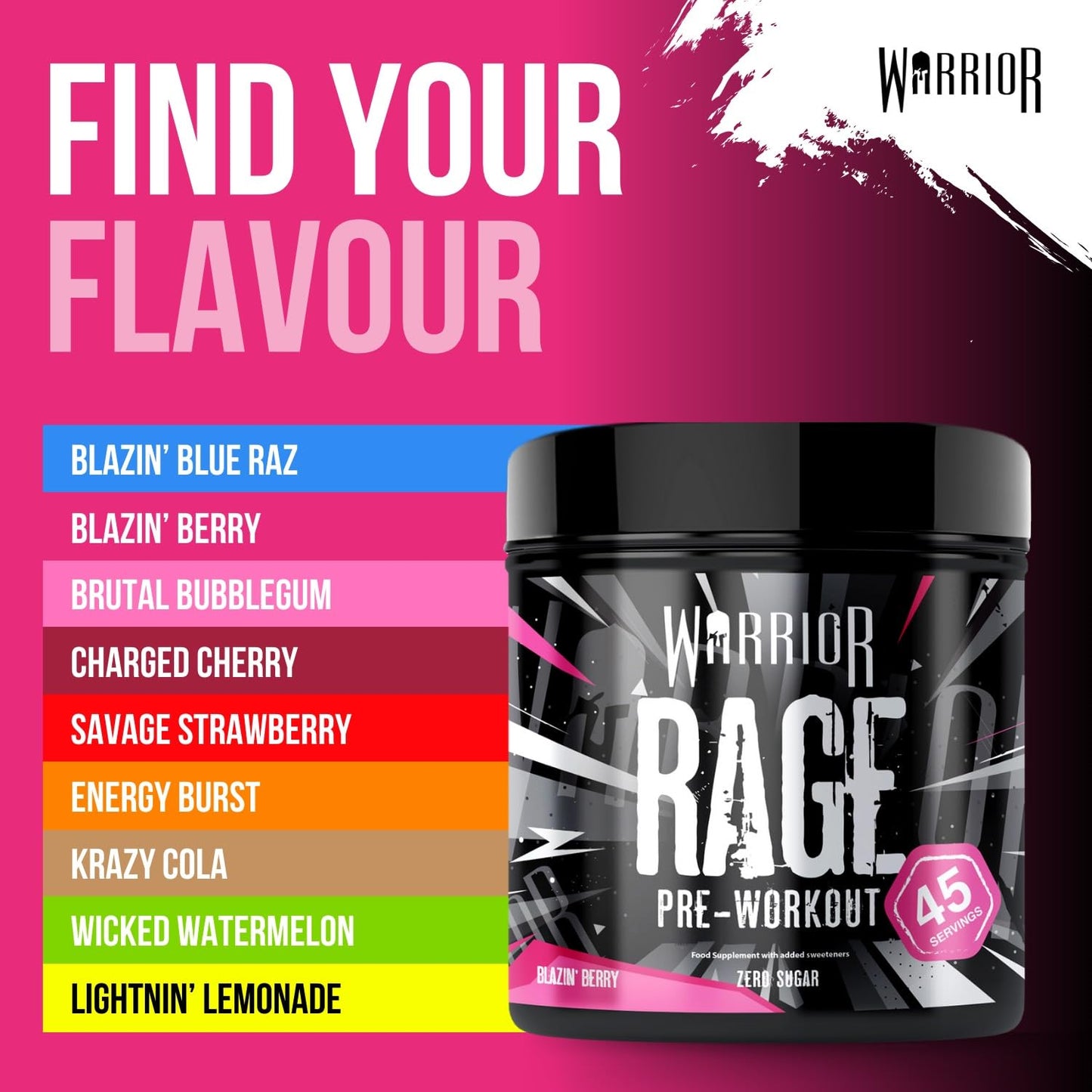 Warrior Rage - Pre-workout Powder - 392g - Energy Drink Supplement with Vitamin C, Beta Alanine and Creatine Gluconate - 45 Servings (Blazin' Blue Raz)