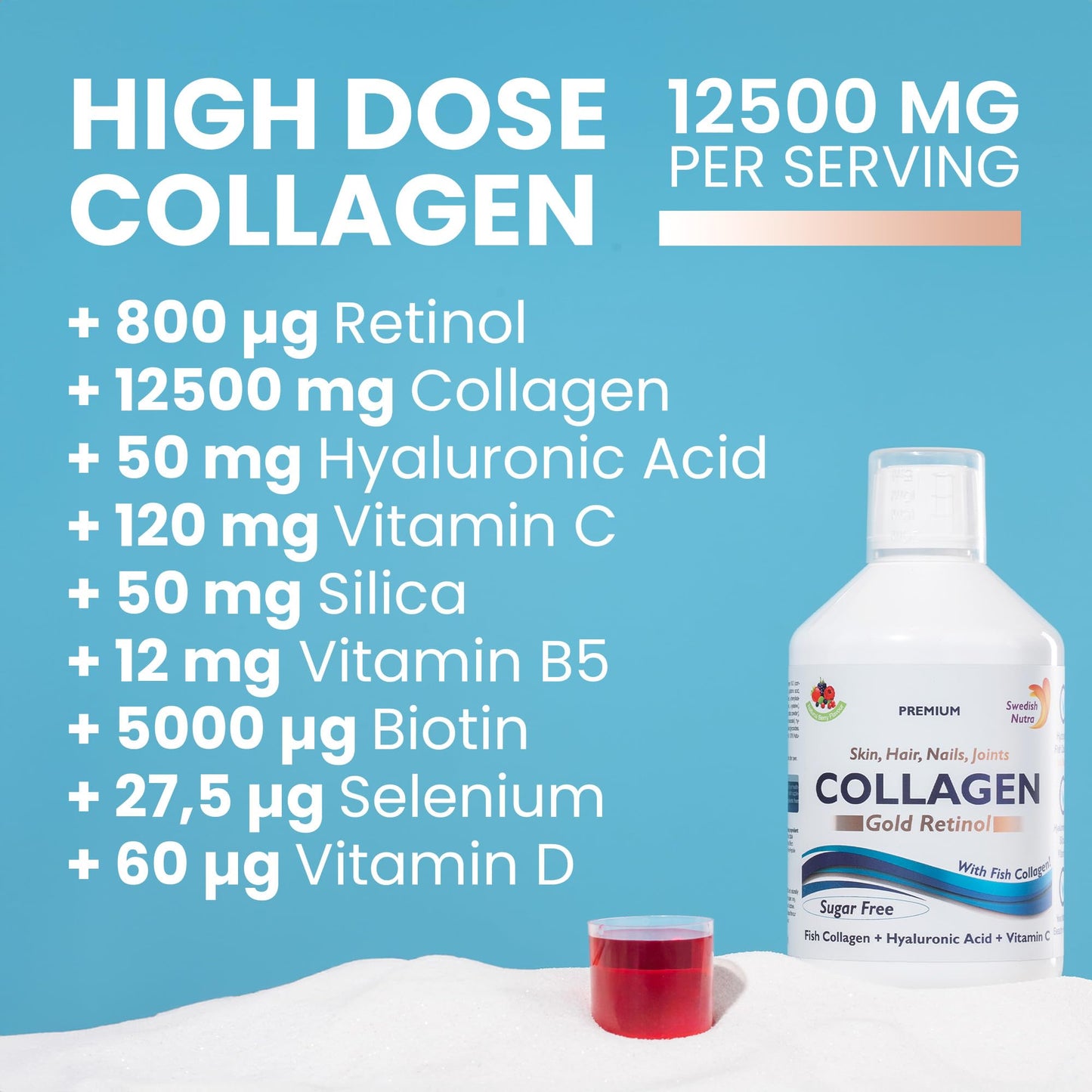 Swedish Nutra - Liquid Marine Collagen 10000mg - Pack of 500ml I Hydrolyzed Collagen Peptides (Type I & III) I Minimize Fine Lines, Wrinkles I Hyaluronic Acid, Biotin, Vitamin C - 20 Day Supply