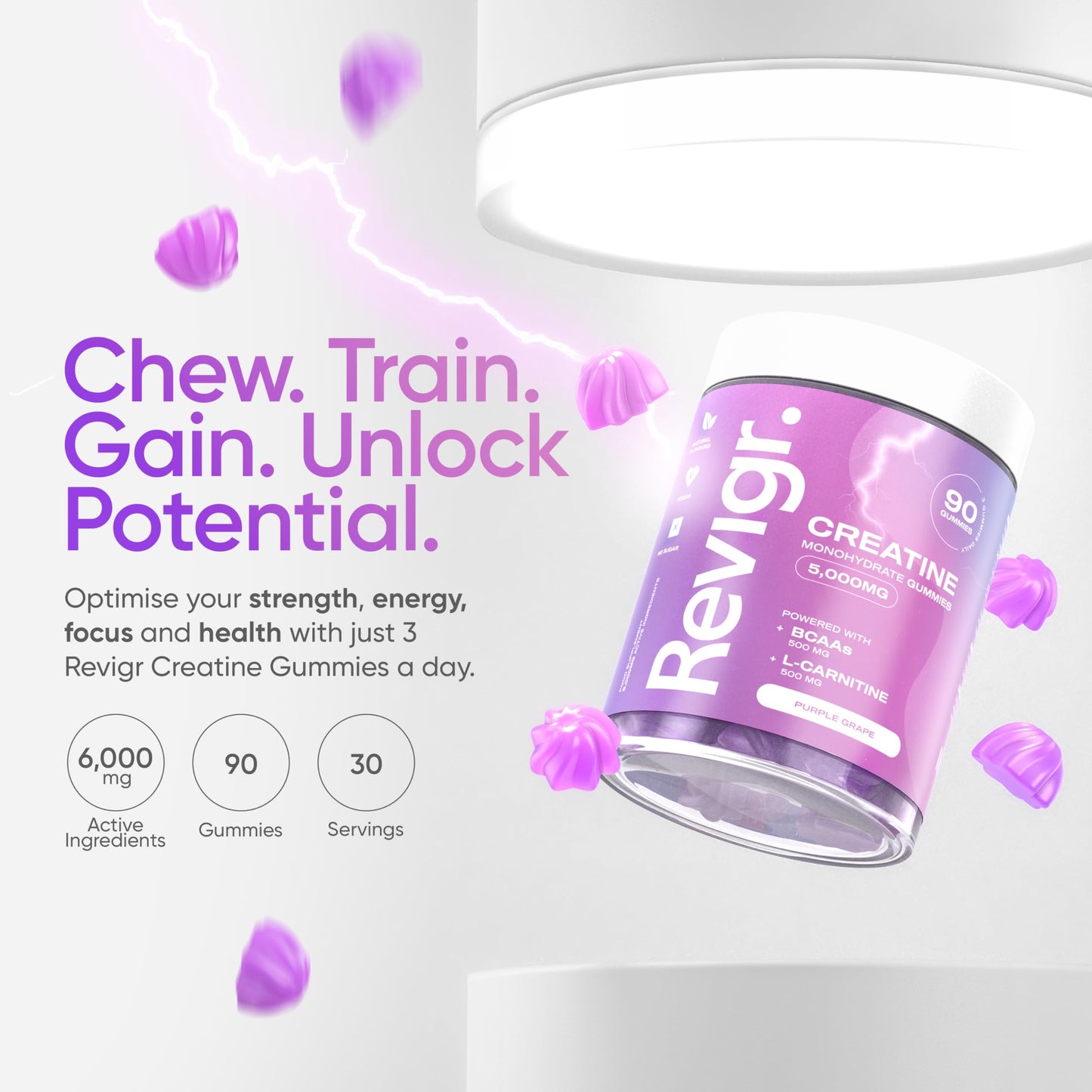 Revigr, Max 5000mg, 90 Creatine Monohydrate Gummies, Added 500mg BCAAs + 500mg L-Carnitine, Vegan & Sugar-Free, Premium Pre-Workout, Gym Supplement (1 Month Supply) (Purple Grape)