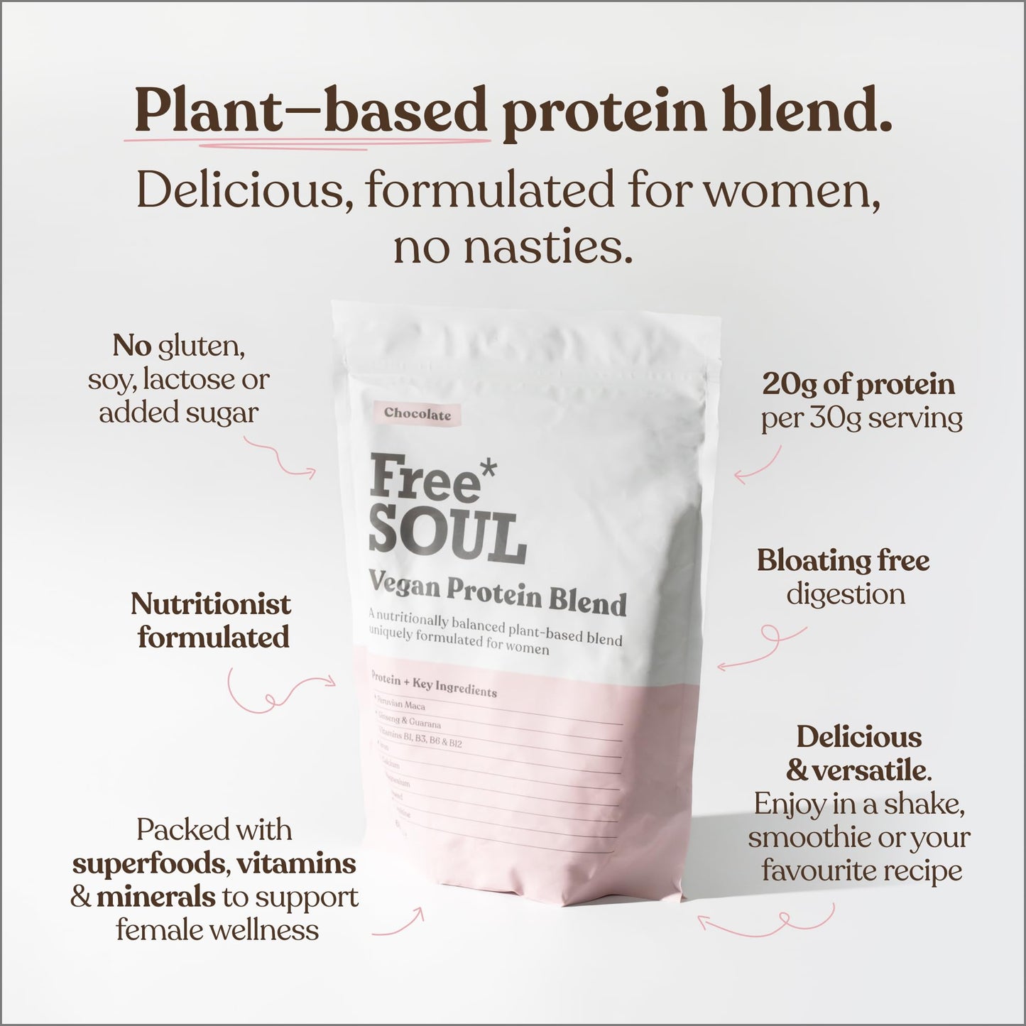 Free Soul Vegan Protein Powder – Formulated for Women – 600g – 20g Protein with Added Nutrients – Gluten & Soy Free Plant Based Nutrition Shake – Pea and Hemp Isolate Protein (Vanilla)