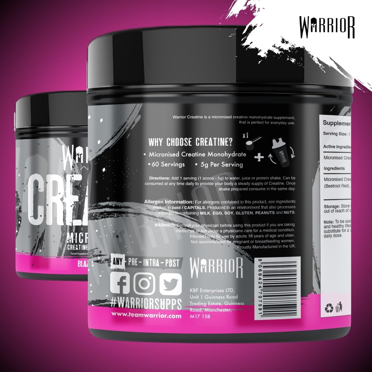 Warrior Creatine Monohydrate Powder 300g – Micronised – Proven to Improve Physical Performance and Recovery, 5g Servings (Unflavoured), 1 pack