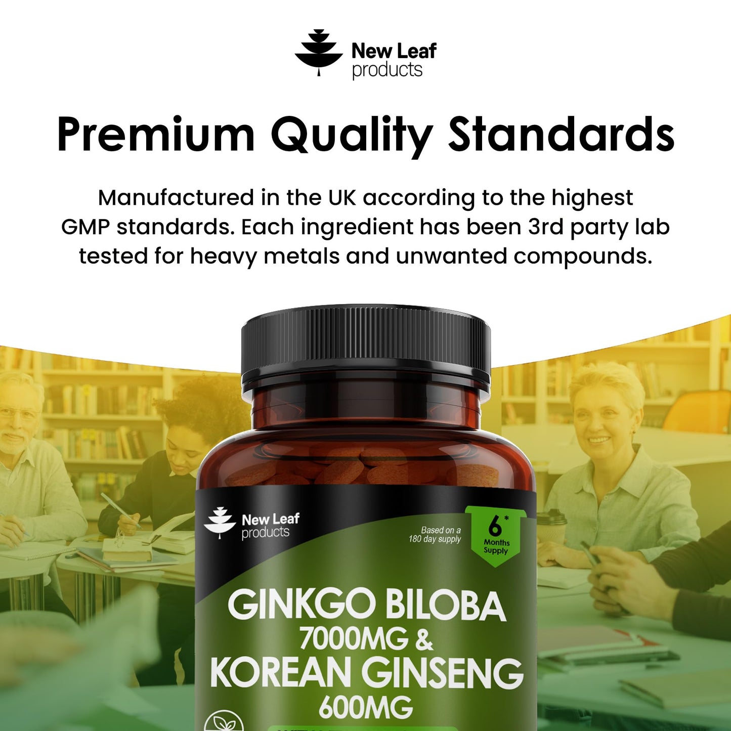 Ginkgo Biloba and Korean Ginseng Tablets - 7000mg Ginkgo Biloba Herbal Supplements & 600mg Panax Ginseng High Strength Ginseng Extract - Enriched with Vitamin B3 & B5-120 Vegan Tablets