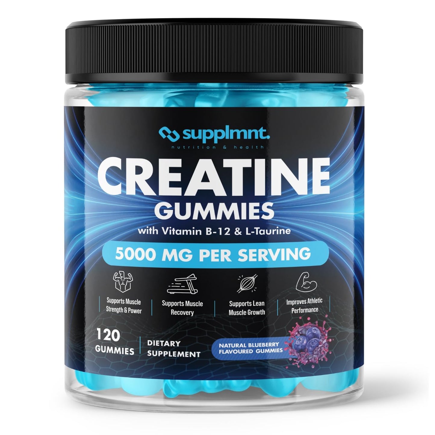 Creatine 120 Gummies Max 5000mg for Men & Women Creatine Monohydrate Plus B12 and L-Taurine Chewable Gummies, Blueberry Flavour 1 Month Supply (1 Count (Pack of 120), Blueberry)