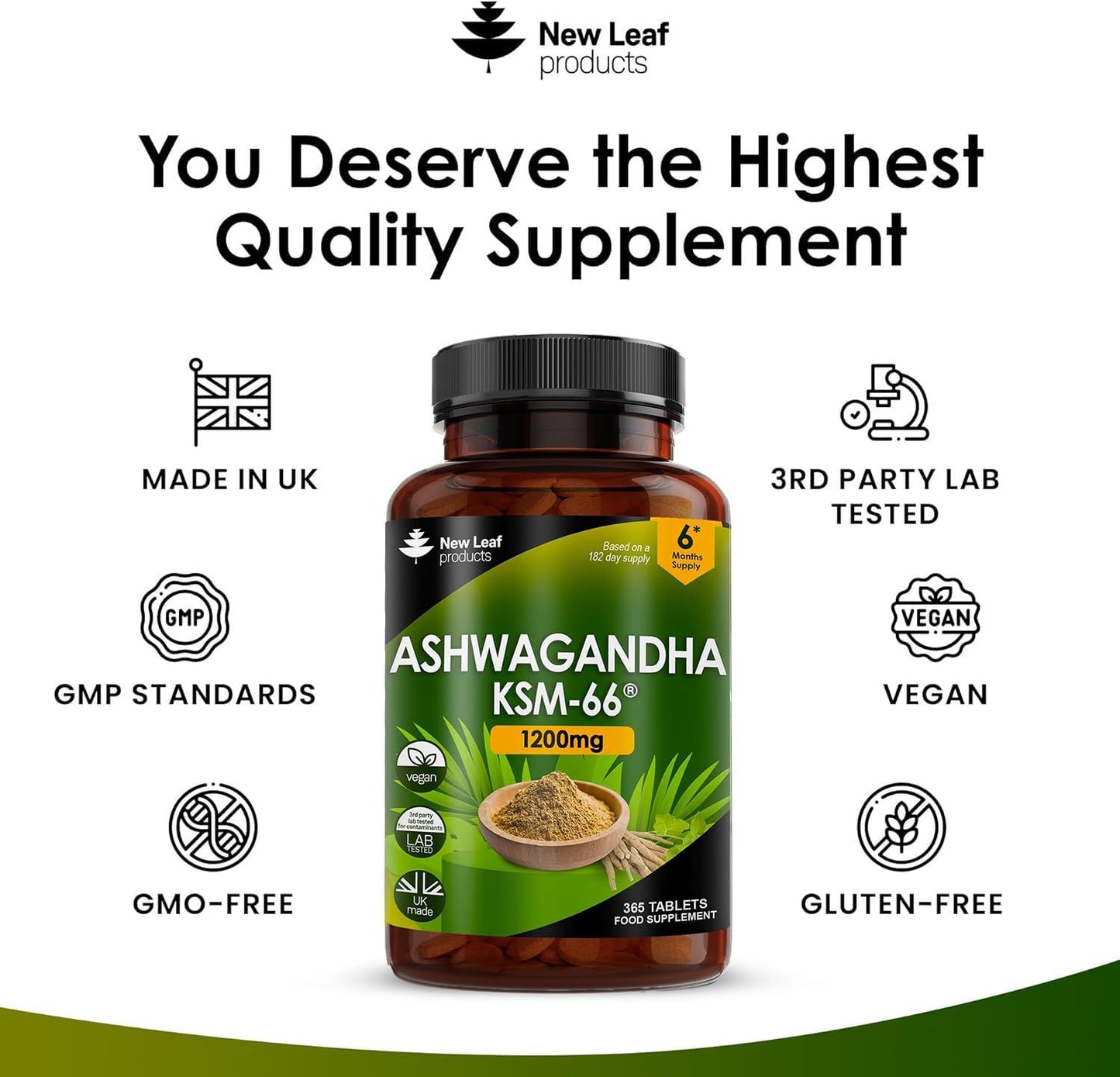 Ashwagandha KSM 66-365 (6 Months Supply) 1200mg Vegan Tablets Pure High Strength Ashwagandha Root Extract - Ashwagandha KSM Tablets Supplement (not Ashwagandha Capsules) Non-GMO & UK Made