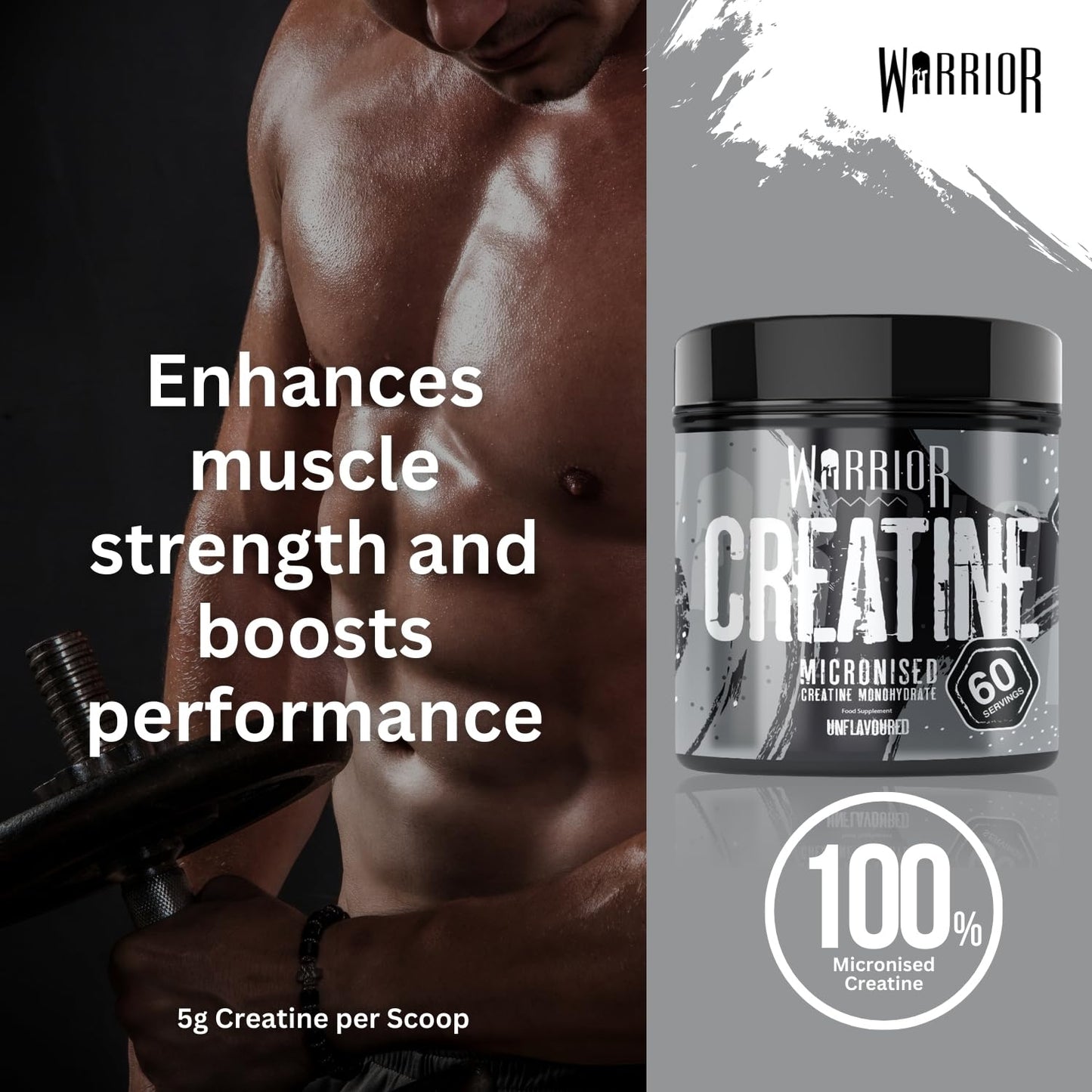 Warrior Creatine Monohydrate Powder 300g – Micronised – Proven to Improve Physical Performance and Recovery, 5g Servings (Unflavoured), 1 pack