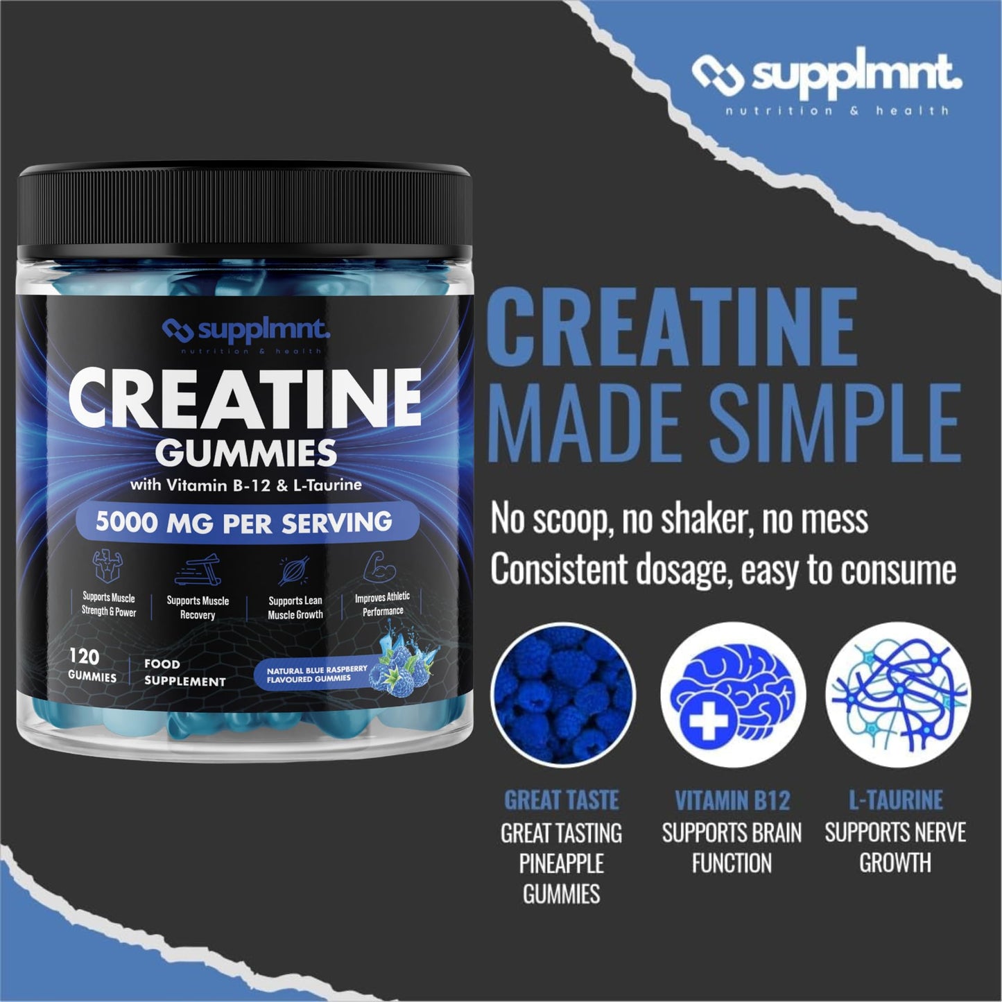 Creatine 120 Gummies Max 5000mg for Men & Women Creatine Monohydrate Plus B12 and L-Taurine Chewable Gummies, Blueberry Flavour 1 Month Supply (1 Count (Pack of 120), Blueberry)