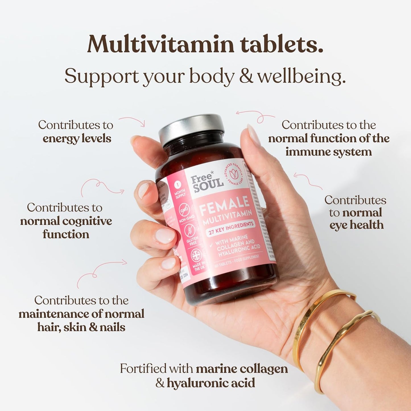 Women's Multivitamins & Minerals with Marine Collagen & Hyaluronic Acid – 27 Essential Vitamins, Minerals, & Botanicals – Gluten-Free & No Synthetic Fillers or Binders – 60 Tablets – Free Soul