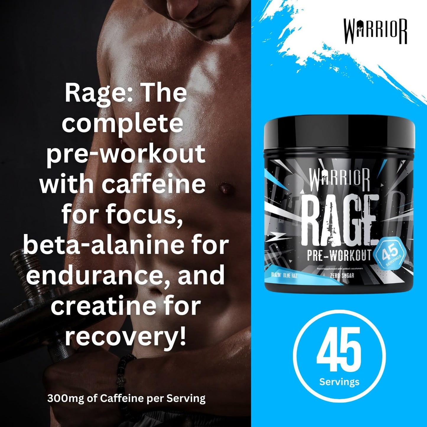 Warrior Rage - Pre-workout Powder - 392g - Energy Drink Supplement with Vitamin C, Beta Alanine and Creatine Gluconate - 45 Servings (Blazin' Blue Raz)