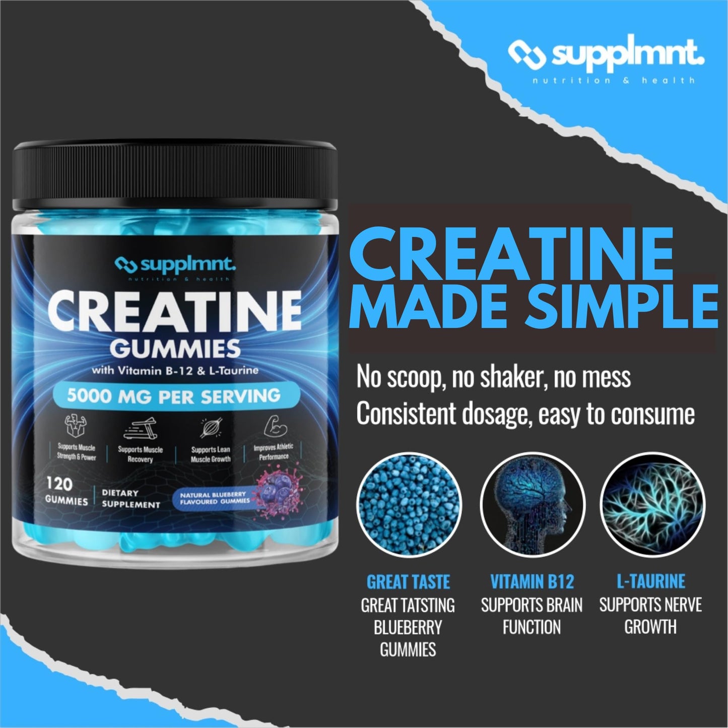 Creatine 120 Gummies Max 5000mg for Men & Women Creatine Monohydrate Plus B12 and L-Taurine Chewable Gummies, Blueberry Flavour 1 Month Supply (1 Count (Pack of 120), Blueberry)