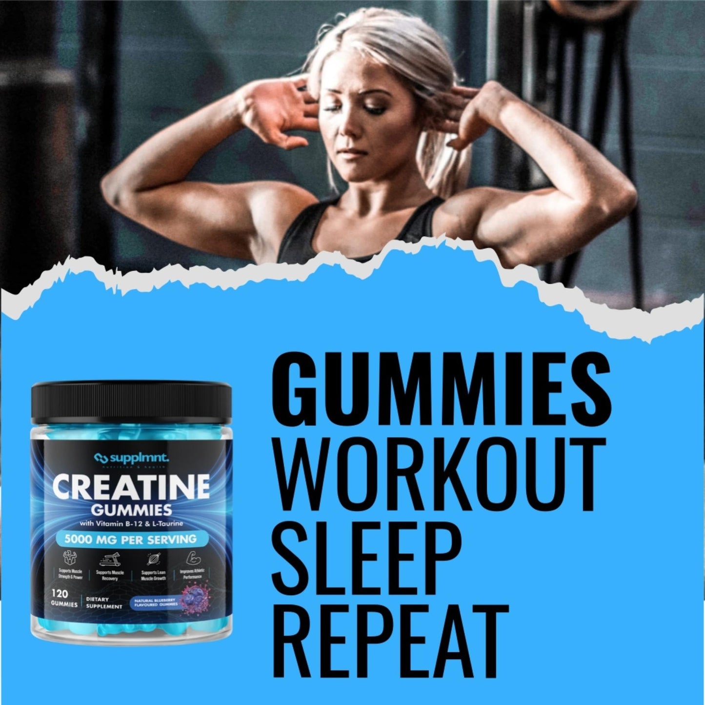 Creatine 120 Gummies Max 5000mg for Men & Women Creatine Monohydrate Plus B12 and L-Taurine Chewable Gummies, Blueberry Flavour 1 Month Supply (1 Count (Pack of 120), Blueberry)