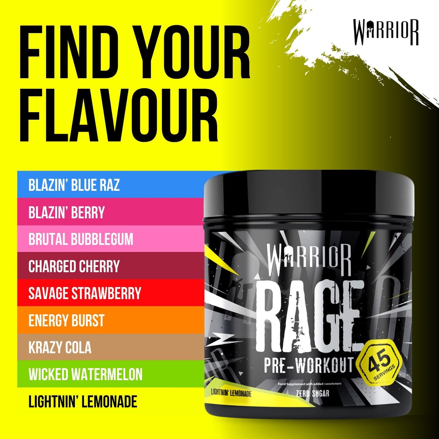 Warrior Rage - Pre-workout Powder - 392g - Energy Drink Supplement with Vitamin C, Beta Alanine and Creatine Gluconate - 45 Servings (Blazin' Blue Raz)