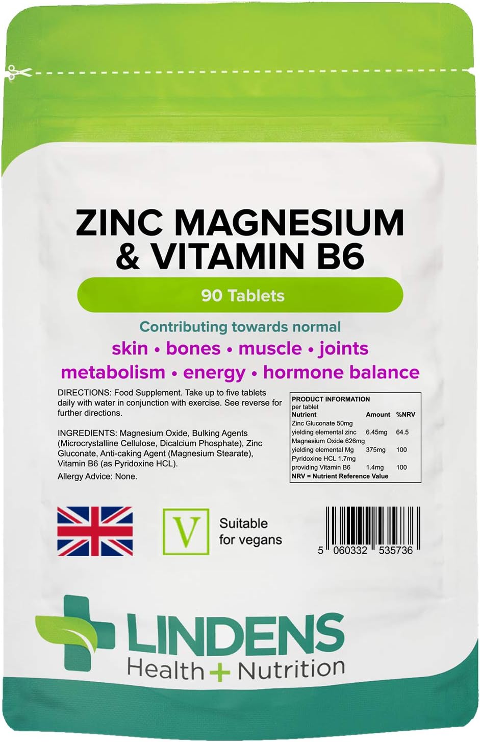 Lindens Zinc, Magnesium and Vitamin B6 Complex Tablets - 90 Pack - Reduction of Tiredness and Fatigue - UK Manufacturer, Letterbox Friendly