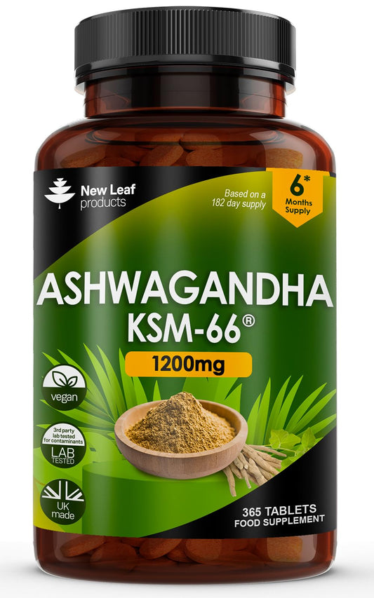 Ashwagandha KSM 66-365 (6 Months Supply) 1200mg Vegan Tablets Pure High Strength Ashwagandha Root Extract - Ashwagandha KSM Tablets Supplement (not Ashwagandha Capsules) Non-GMO & UK Made