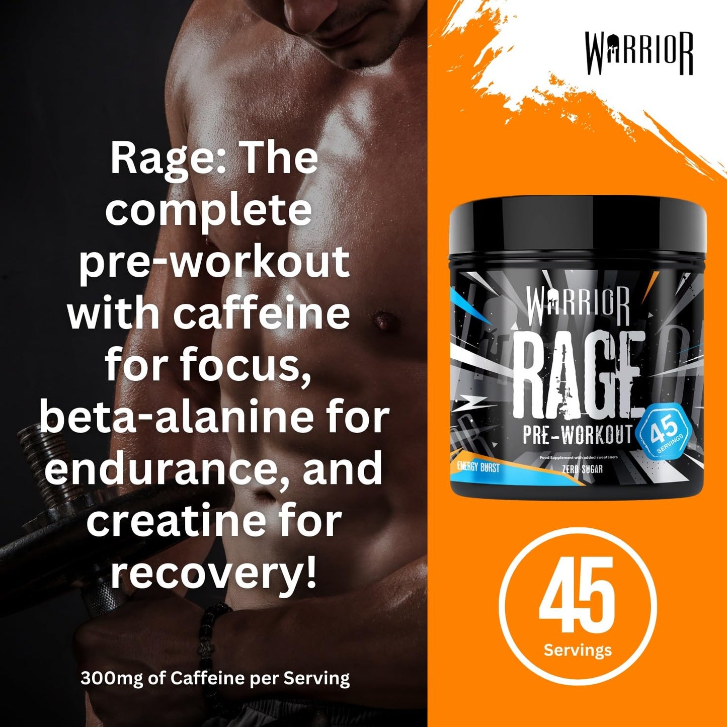 Warrior Rage - Pre-workout Powder - 392g - Energy Drink Supplement with Vitamin C, Beta Alanine and Creatine Gluconate - 45 Servings (Blazin' Blue Raz)