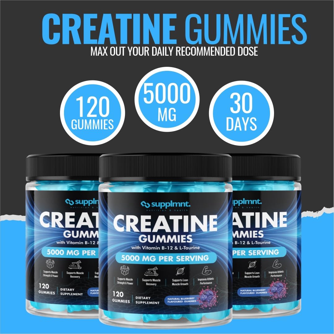 Creatine 120 Gummies Max 5000mg for Men & Women Creatine Monohydrate Plus B12 and L-Taurine Chewable Gummies, Blueberry Flavour 1 Month Supply (1 Count (Pack of 120), Blueberry)