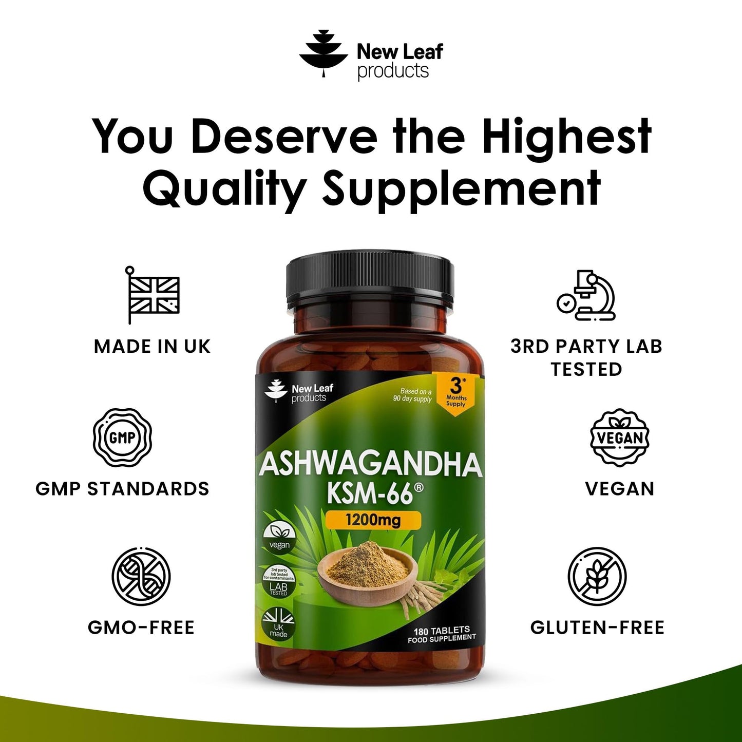 Ashwagandha KSM 66-365 (6 Months Supply) 1200mg Vegan Tablets Pure High Strength Ashwagandha Root Extract - Ashwagandha KSM Tablets Supplement (not Ashwagandha Capsules) Non-GMO & UK Made