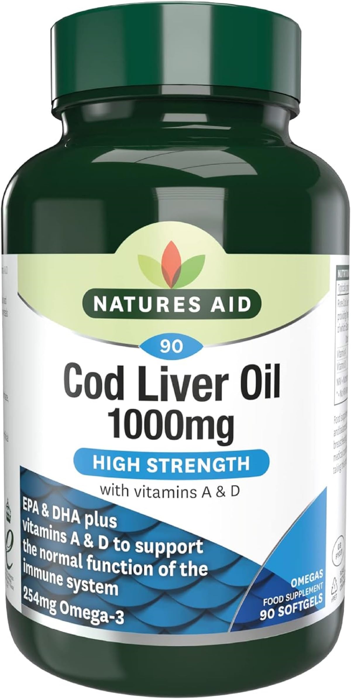 Natures Aid Cod Liver Oil, 1000 mg, 180 Softgel Capsules (High Strength, 254 mg Omega-3 with Vitamins A and D for Normal Function of the Immune System, Made in the UK)