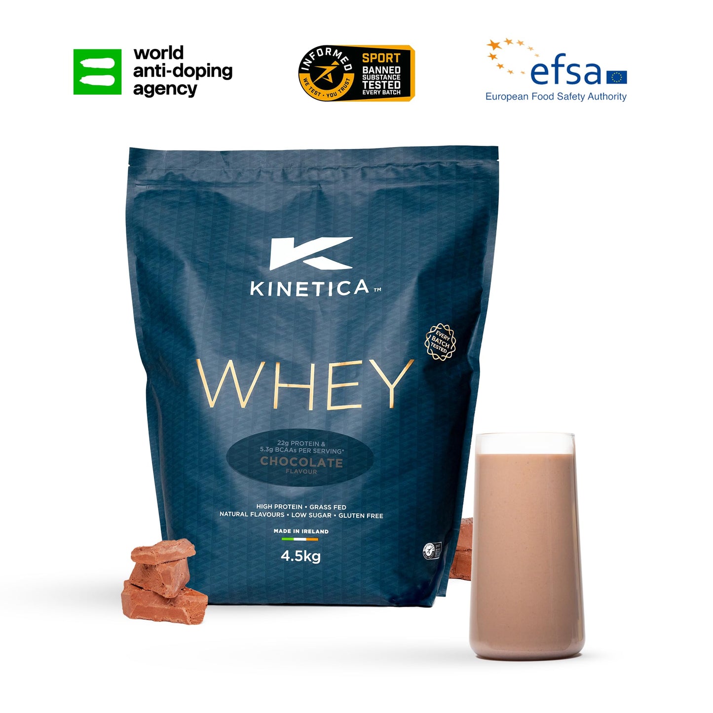 Kinetica Chocolate Whey Protein Powder | 2.27kg | 22g Protein per Serving | 75 Servings | Sourced from EU Grass-Fed Cows | Superior Mixability & Taste