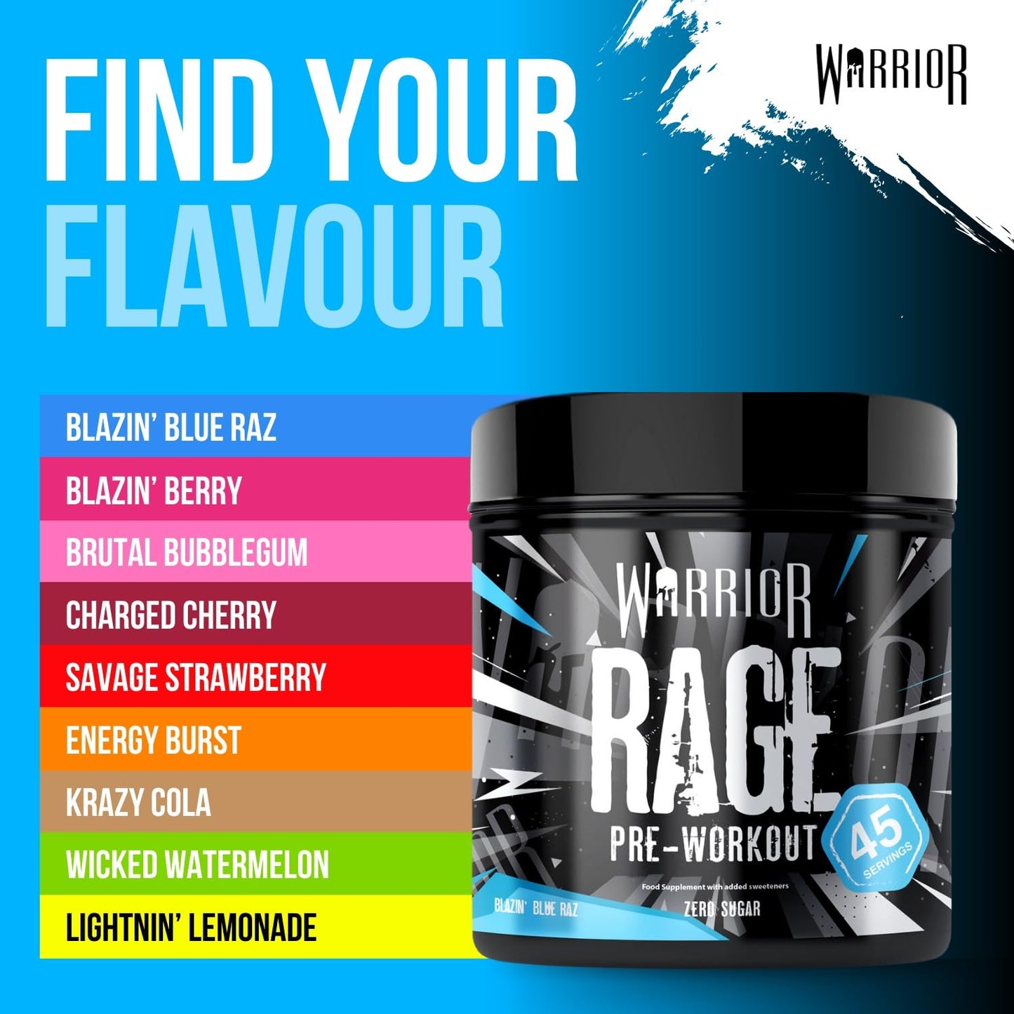 Warrior Rage - Pre-workout Powder - 392g - Energy Drink Supplement with Vitamin C, Beta Alanine and Creatine Gluconate - 45 Servings (Blazin' Blue Raz)