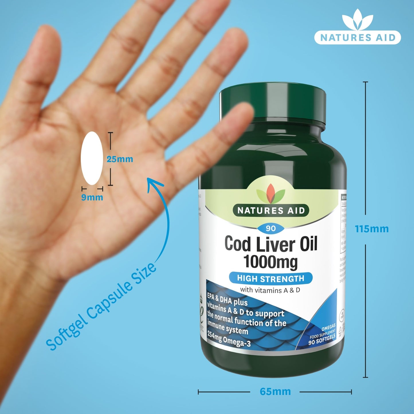 Natures Aid Cod Liver Oil, 1000 mg, 180 Softgel Capsules (High Strength, 254 mg Omega-3 with Vitamins A and D for Normal Function of the Immune System, Made in the UK)