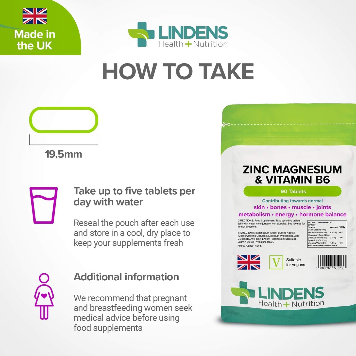 Lindens Zinc, Magnesium and Vitamin B6 Complex Tablets - 90 Pack - Reduction of Tiredness and Fatigue - UK Manufacturer, Letterbox Friendly