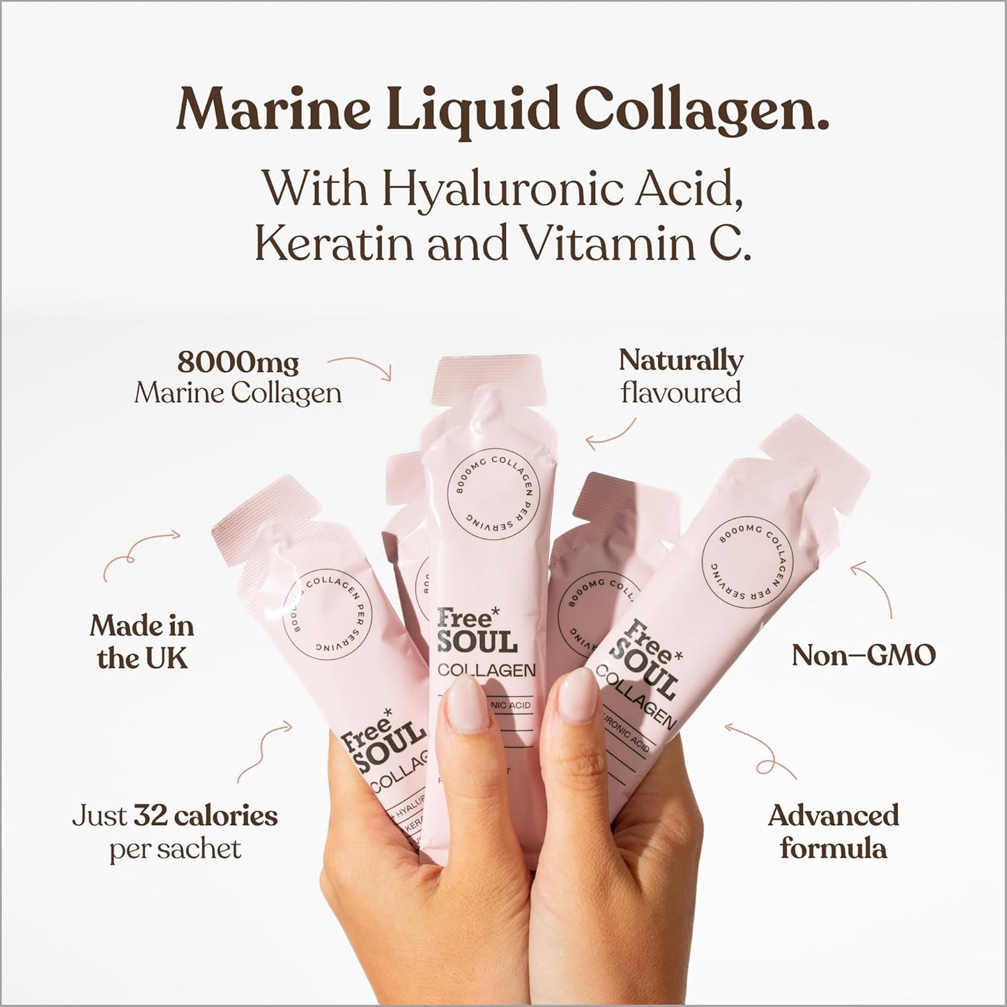 Marine Collagen Liquid 8000mg with Hyaluronic Acid, Keratin, & Vitamin C, 14 x 8000mg Hydrolysed Collagen Peptides Sachets, High Absorption Collagen Liquid Supplement by Free Soul