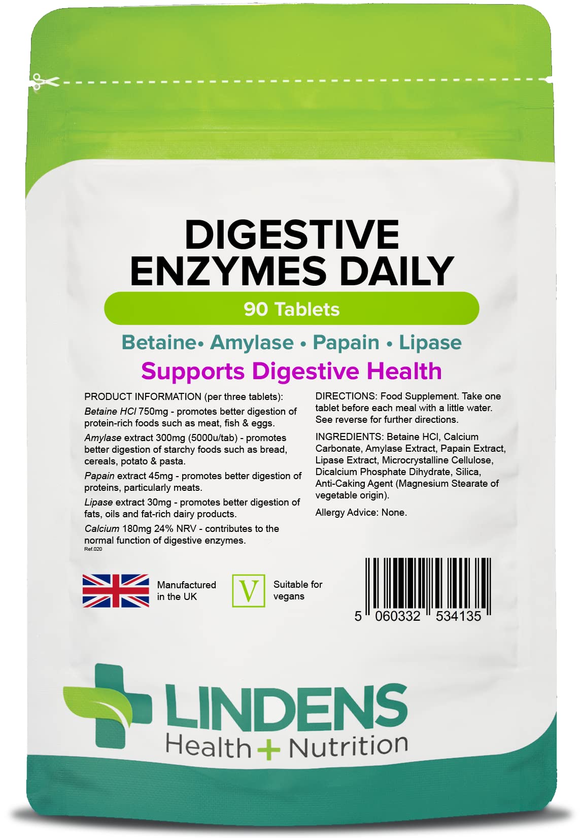 Lindens - Digestive Enzymes Daily Tablets - 90 Tablets - UK Made - Contains Betaine Hcl, Papain, Amylase & Lipase to Promote Better Digestion - Letterbox Friendly, Vegan