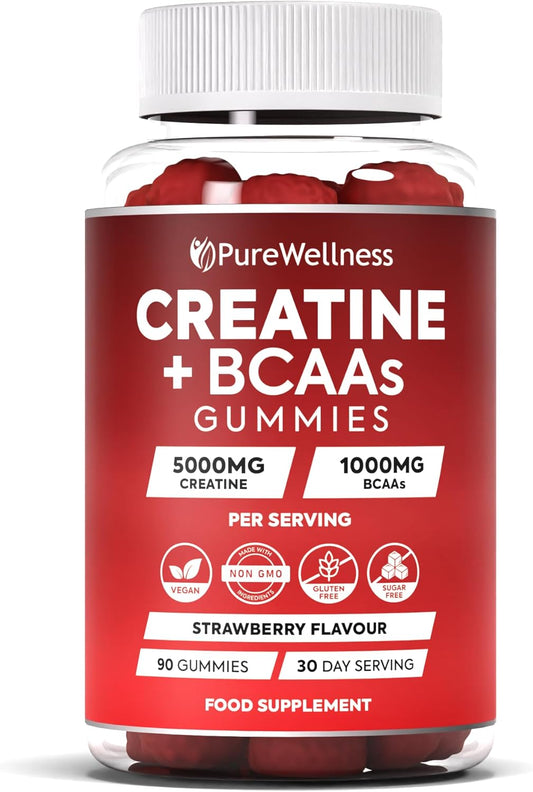 PureWellness Creatine and BCAA Gummies - 5000mg Creatine Monohydrate, 1000mg BCAAs per Serving - Chewable Vegan Sugar Free Gummies, Strawberry Flavour (1 Month Supply)