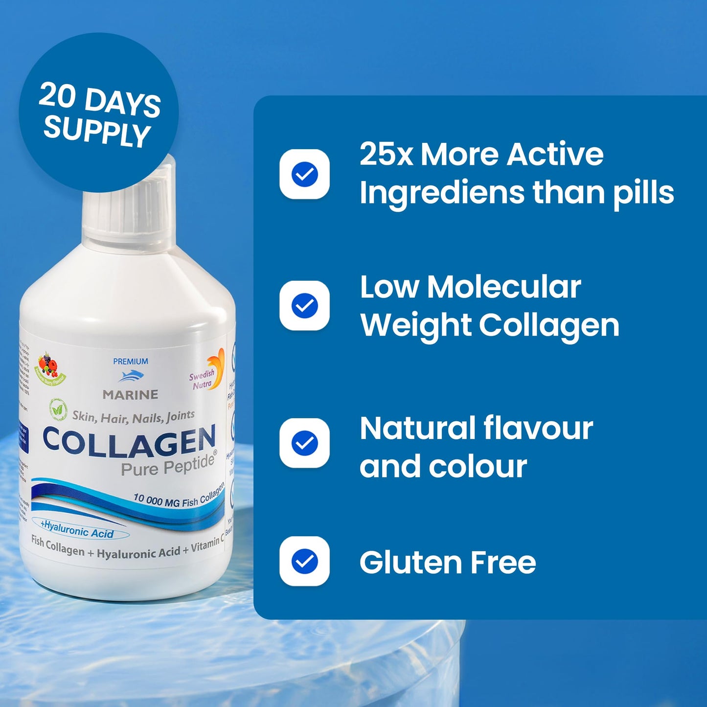 Swedish Nutra - Liquid Marine Collagen 10000mg - Pack of 500ml I Hydrolyzed Collagen Peptides (Type I & III) I Minimize Fine Lines, Wrinkles I Hyaluronic Acid, Biotin, Vitamin C - 20 Day Supply