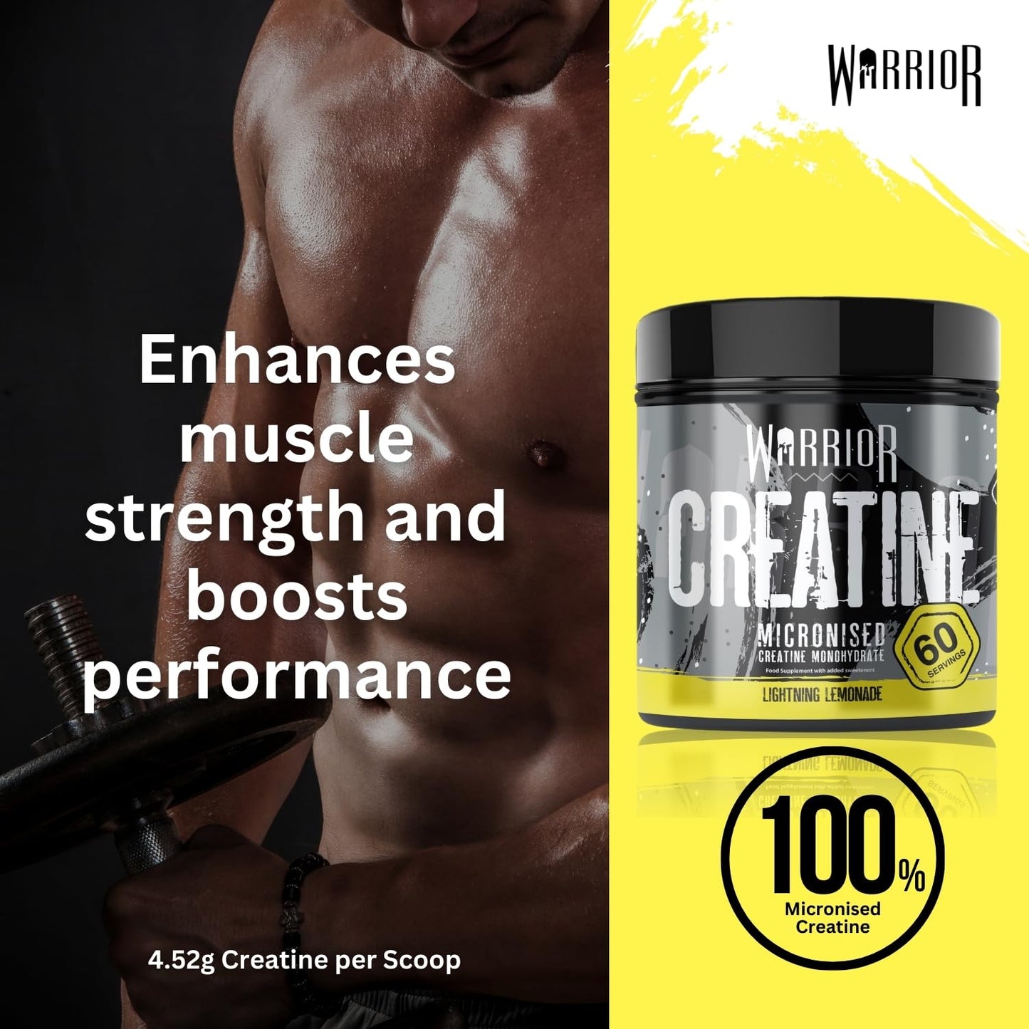 Warrior Creatine Monohydrate Powder 300g – Micronised – Proven to Improve Physical Performance and Recovery, 5g Servings (Unflavoured), 1 pack