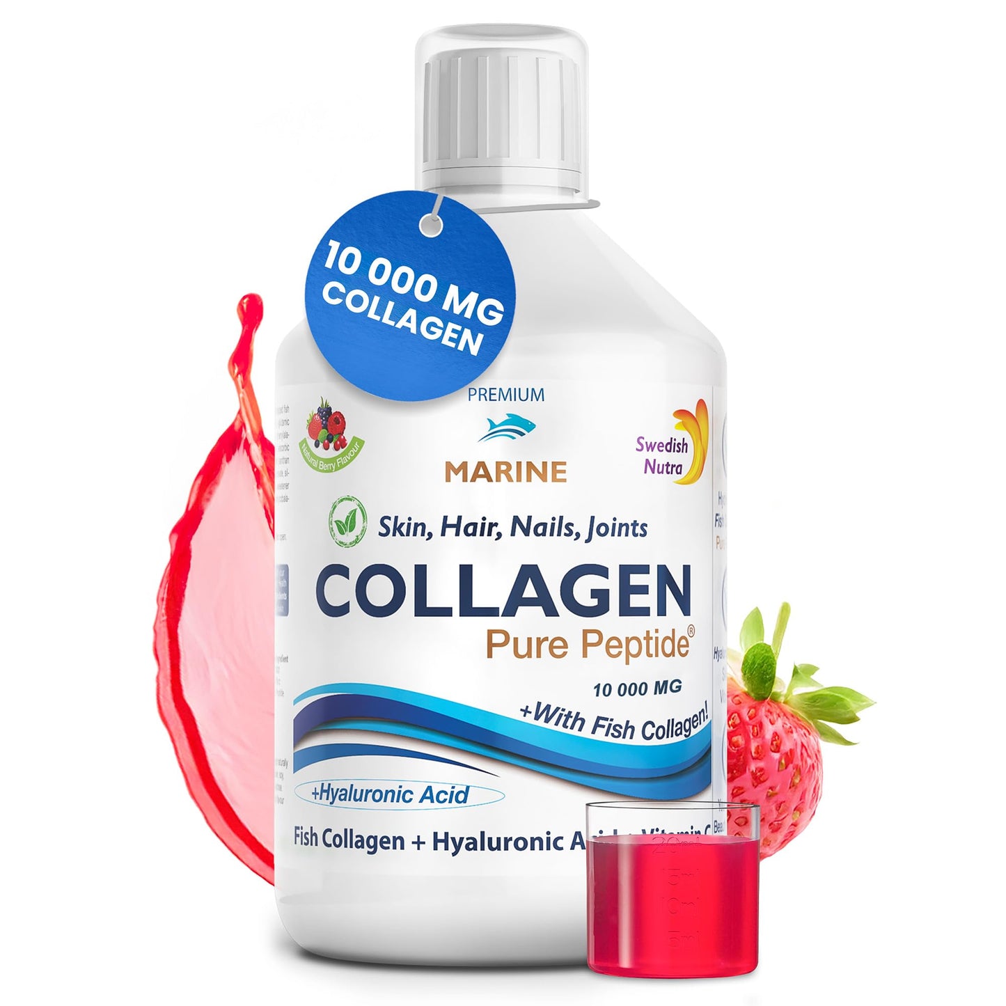 Swedish Nutra - Liquid Marine Collagen 10000mg - Pack of 500ml I Hydrolyzed Collagen Peptides (Type I & III) I Minimize Fine Lines, Wrinkles I Hyaluronic Acid, Biotin, Vitamin C - 20 Day Supply