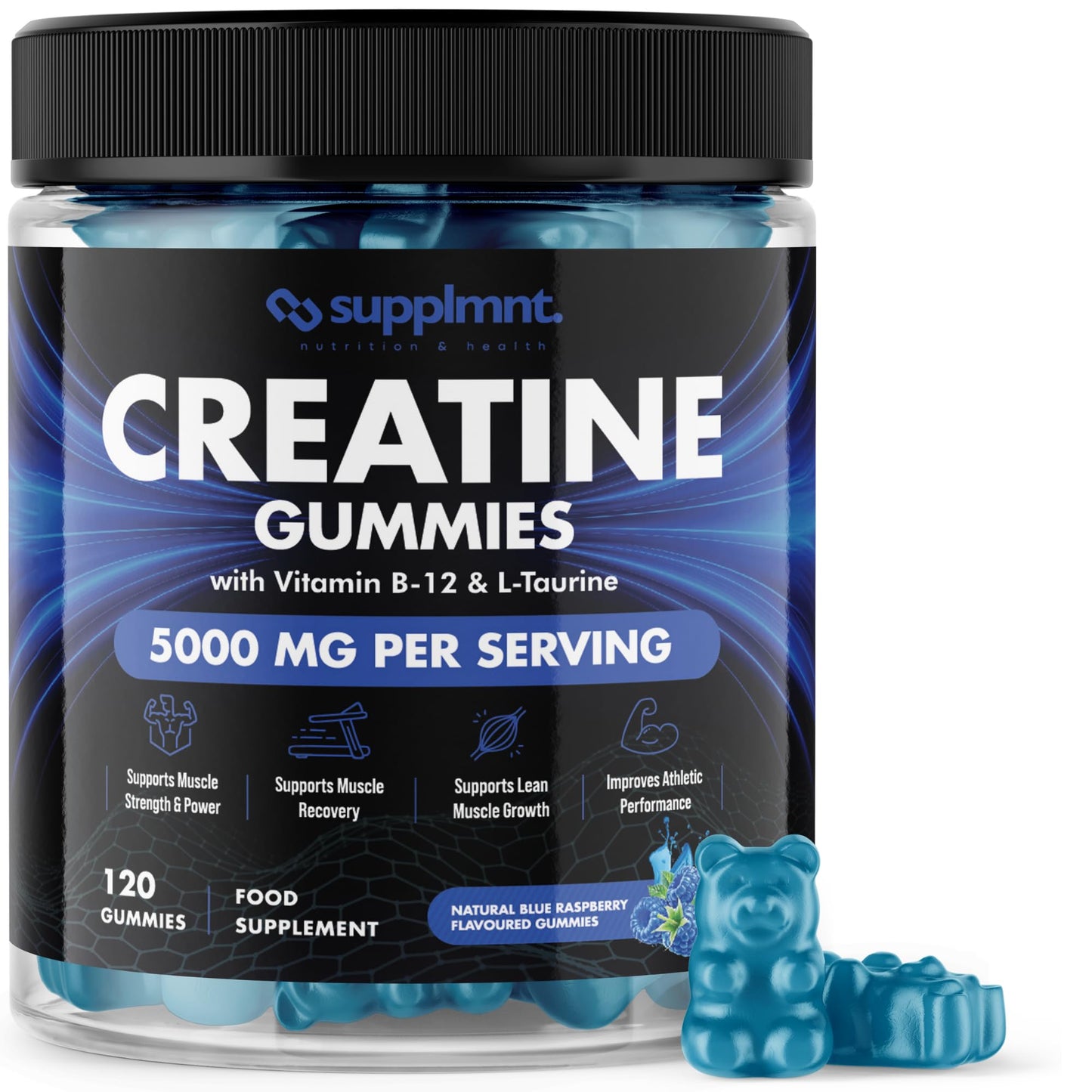 Creatine 120 Gummies Max 5000mg for Men & Women Creatine Monohydrate Plus B12 and L-Taurine Chewable Gummies, Blueberry Flavour 1 Month Supply (1 Count (Pack of 120), Blueberry)