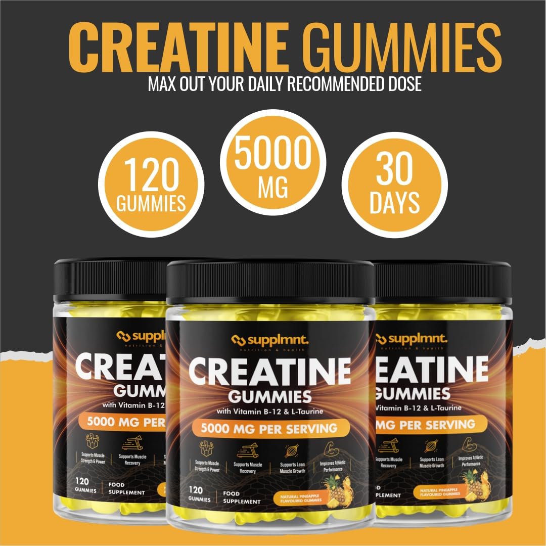 Creatine 120 Gummies Max 5000mg for Men & Women Creatine Monohydrate Plus B12 and L-Taurine Chewable Gummies, Blueberry Flavour 1 Month Supply (1 Count (Pack of 120), Blueberry)