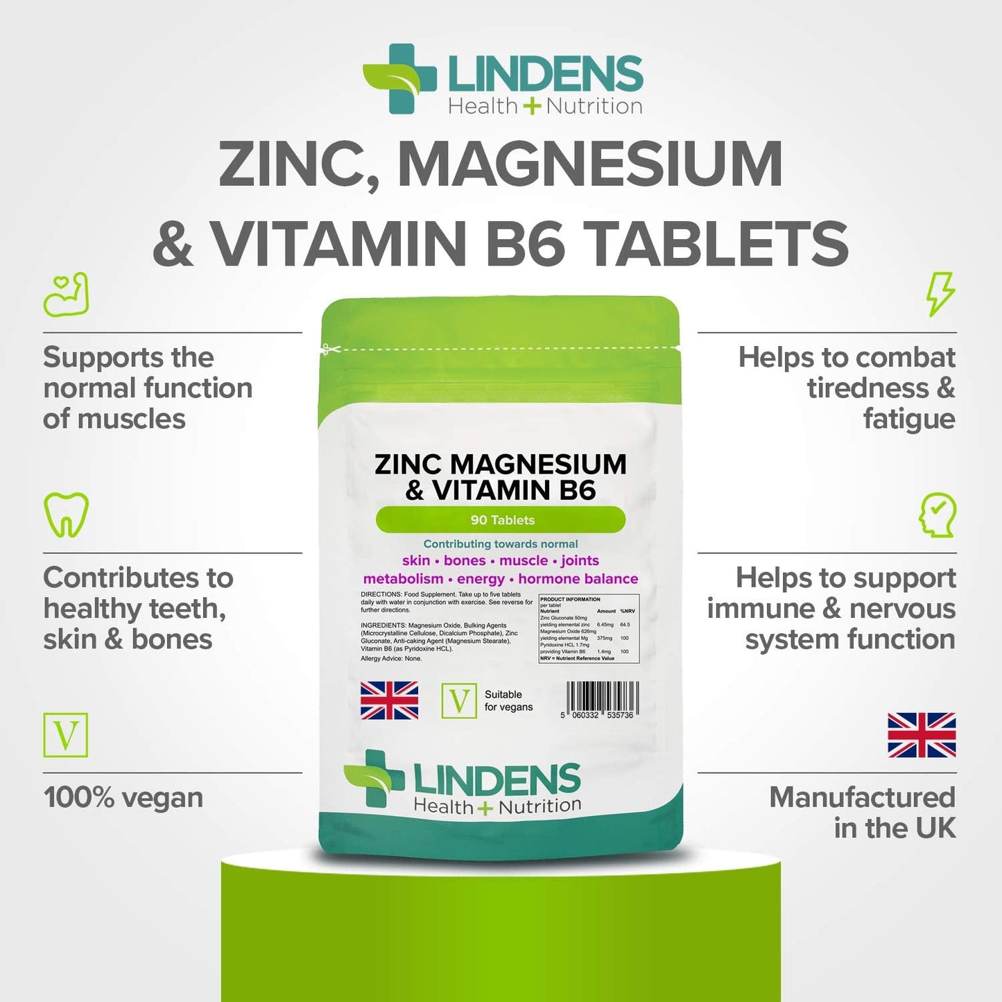 Lindens Zinc, Magnesium and Vitamin B6 Complex Tablets - 90 Pack - Reduction of Tiredness and Fatigue - UK Manufacturer, Letterbox Friendly