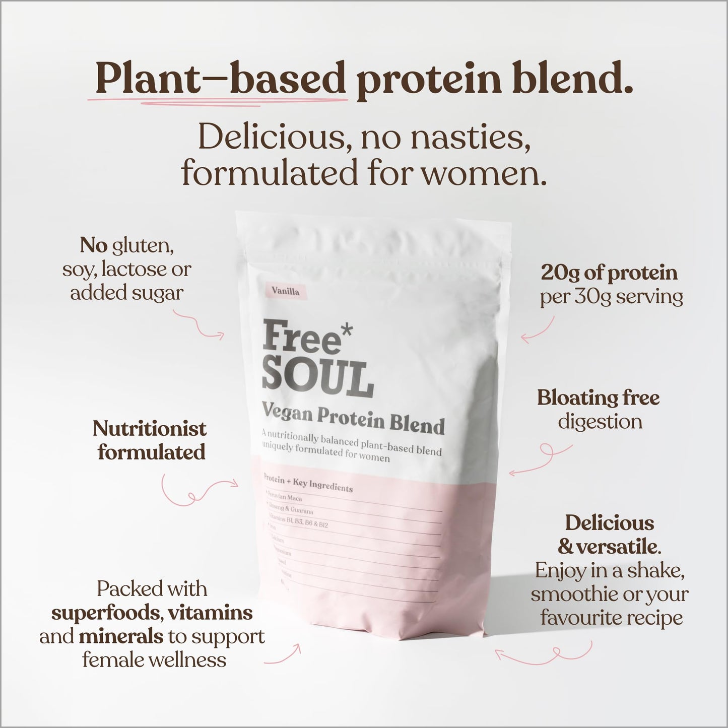 Free Soul Vegan Protein Powder – Formulated for Women – 600g – 20g Protein with Added Nutrients – Gluten & Soy Free Plant Based Nutrition Shake – Pea and Hemp Isolate Protein (Vanilla)