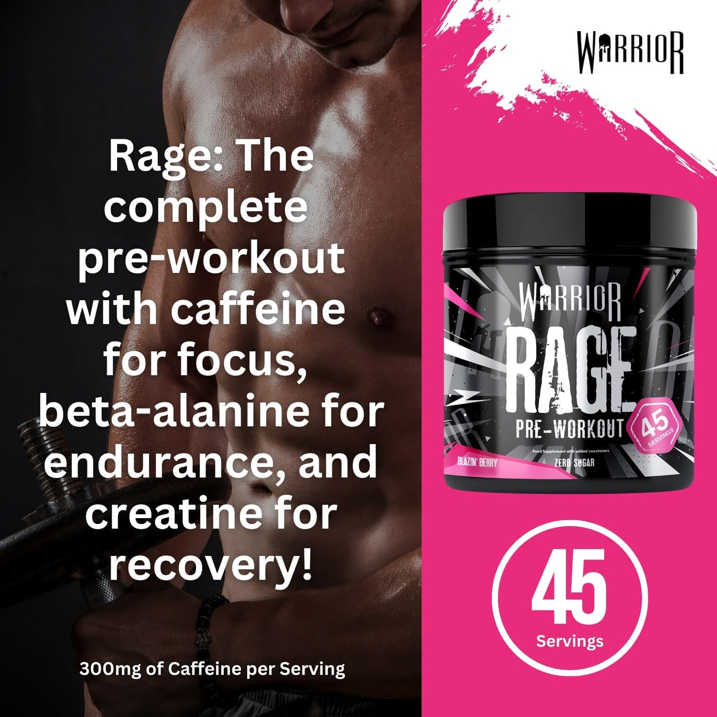 Warrior Rage - Pre-workout Powder - 392g - Energy Drink Supplement with Vitamin C, Beta Alanine and Creatine Gluconate - 45 Servings (Blazin' Blue Raz)