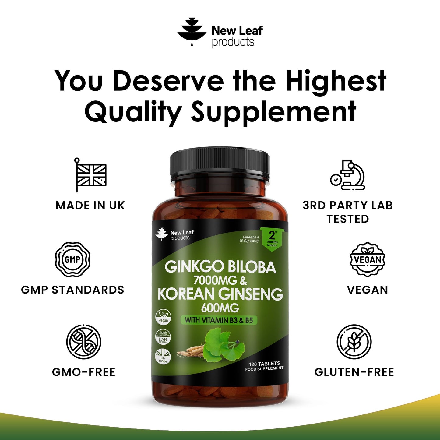 Ginkgo Biloba and Korean Ginseng Tablets - 7000mg Ginkgo Biloba Herbal Supplements & 600mg Panax Ginseng High Strength Ginseng Extract - Enriched with Vitamin B3 & B5-120 Vegan Tablets