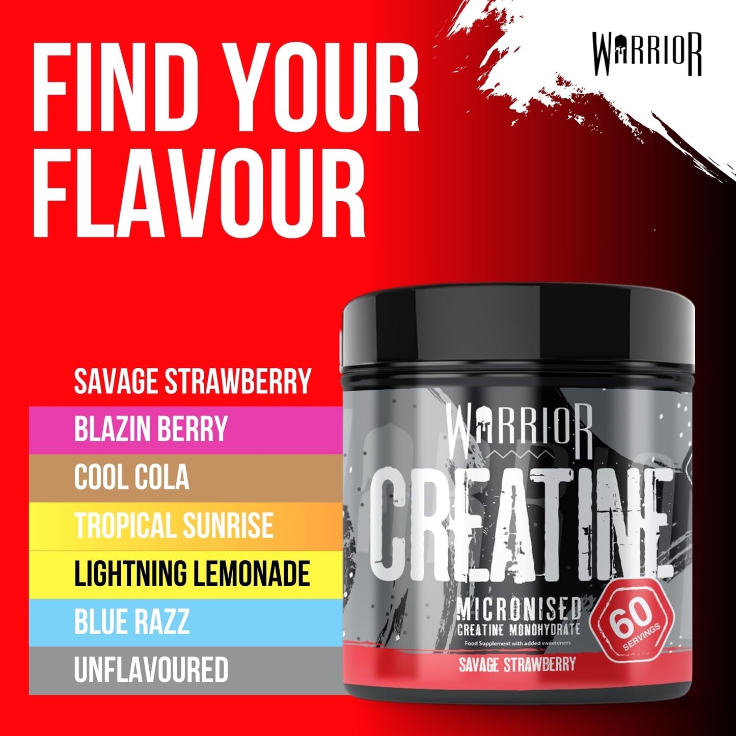 Warrior Creatine Monohydrate Powder 300g – Micronised – Proven to Improve Physical Performance and Recovery, 5g Servings (Unflavoured), 1 pack