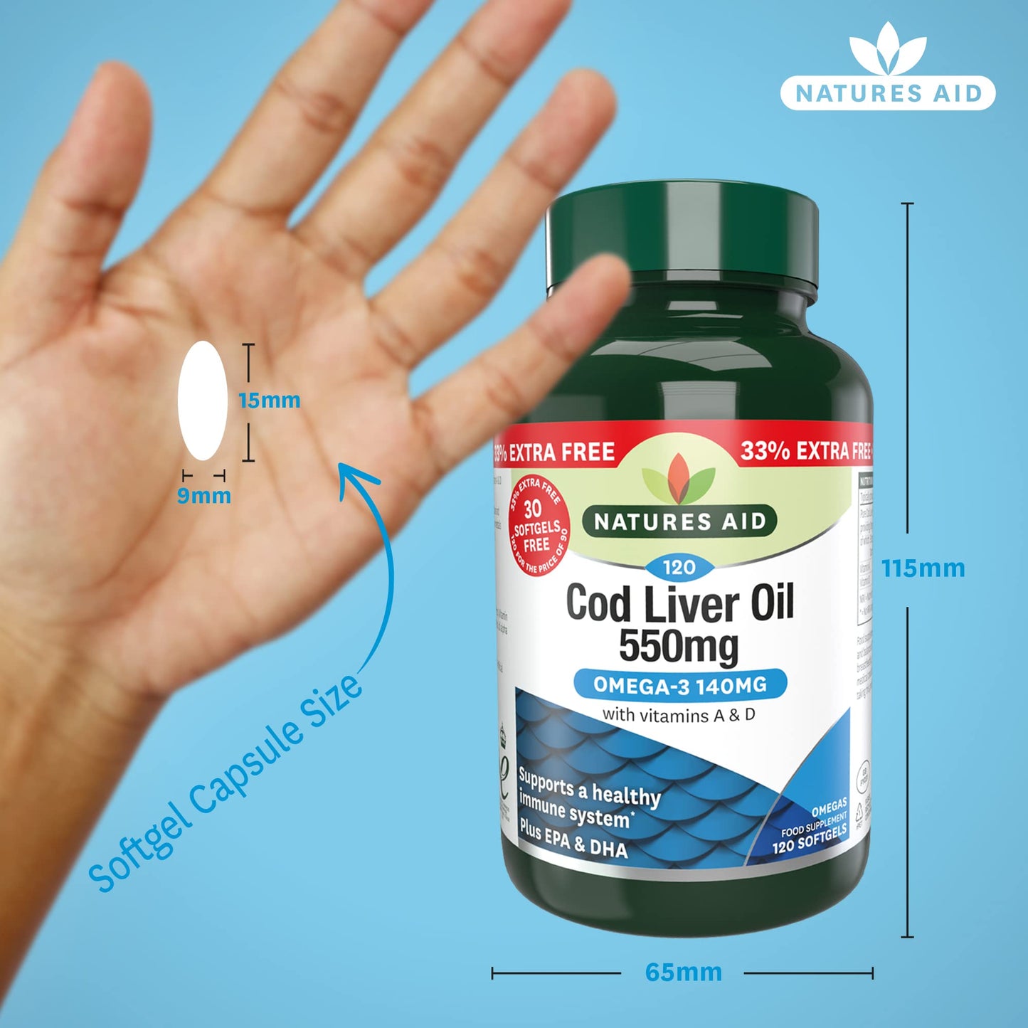 Natures Aid Cod Liver Oil, 1000 mg, 180 Softgel Capsules (High Strength, 254 mg Omega-3 with Vitamins A and D for Normal Function of the Immune System, Made in the UK)